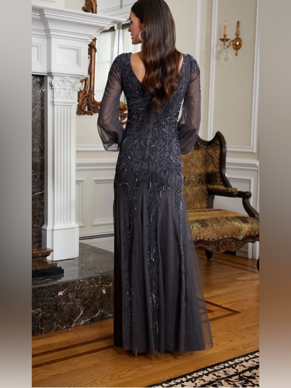 NWT-Embellished Blush Mesh Evening Gown in rose gold - Picture 3 of 3
